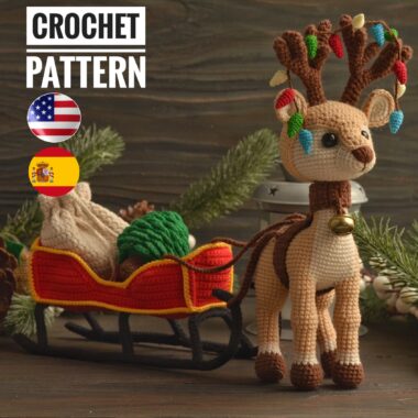 Set Christmas toys: Reindeer with a sleigh a bag for gifts and Christmas tree, PDF English Español pattern